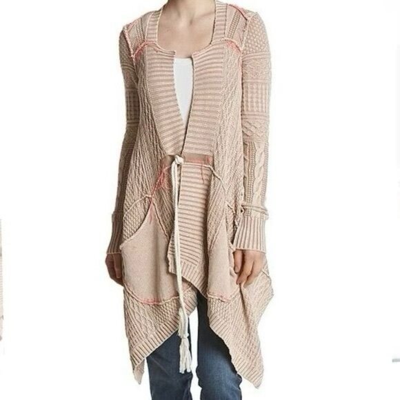 RARE Free People Beige Asymmetrical Waterfall Cardigan | Coastal Boho Grunge S - Picture 3 of 16